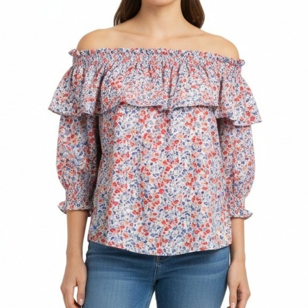 St Johns Bay Womens 2X Floral Off‎ the Shoulder Ruffle Blouse Red Blue Cotton